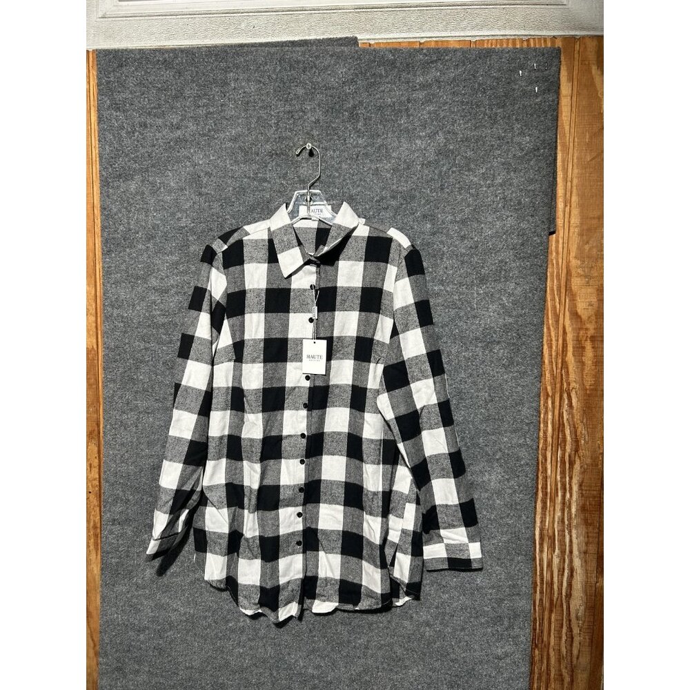 Haute Edition Shirt Womens Large Black White Plaid Button Front Long Sleeve
